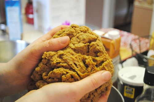 Mush together until strands of gluten form