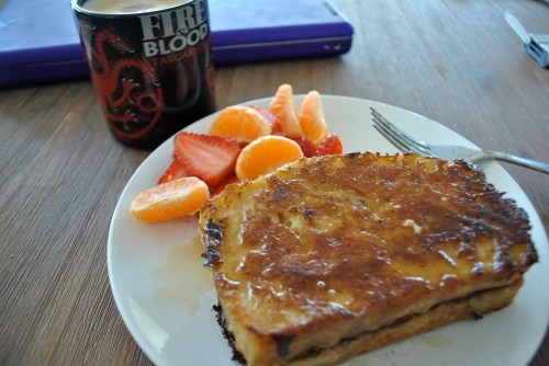 French toast (I used some homemade sourdough bread) with a side of fruit. 